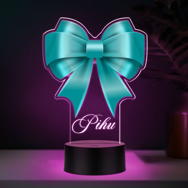 Personalized Turquoise Bow Theme LED Night Light Lamp Custom with Name Girls Room Decor Birthday Gift for Girls Return Gift for Girl Multicolored Light & USB Powered